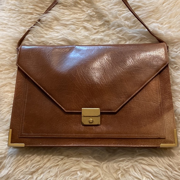 Vintage Leather Crossbody Briefcase Bag EUC One Size Brown & Gold - Picture 2 of 11